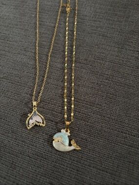 Gold-Tone Whale and Mermaid Tail Pendant Necklace Set - Blue, White